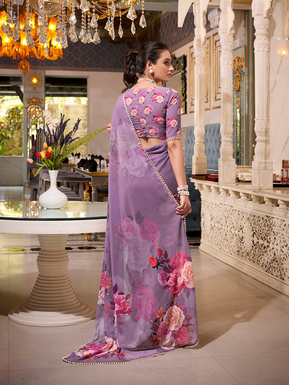 Lavender georgette printed saree with pearl lace border