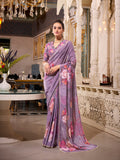 Lavender georgette printed saree with pearl lace 