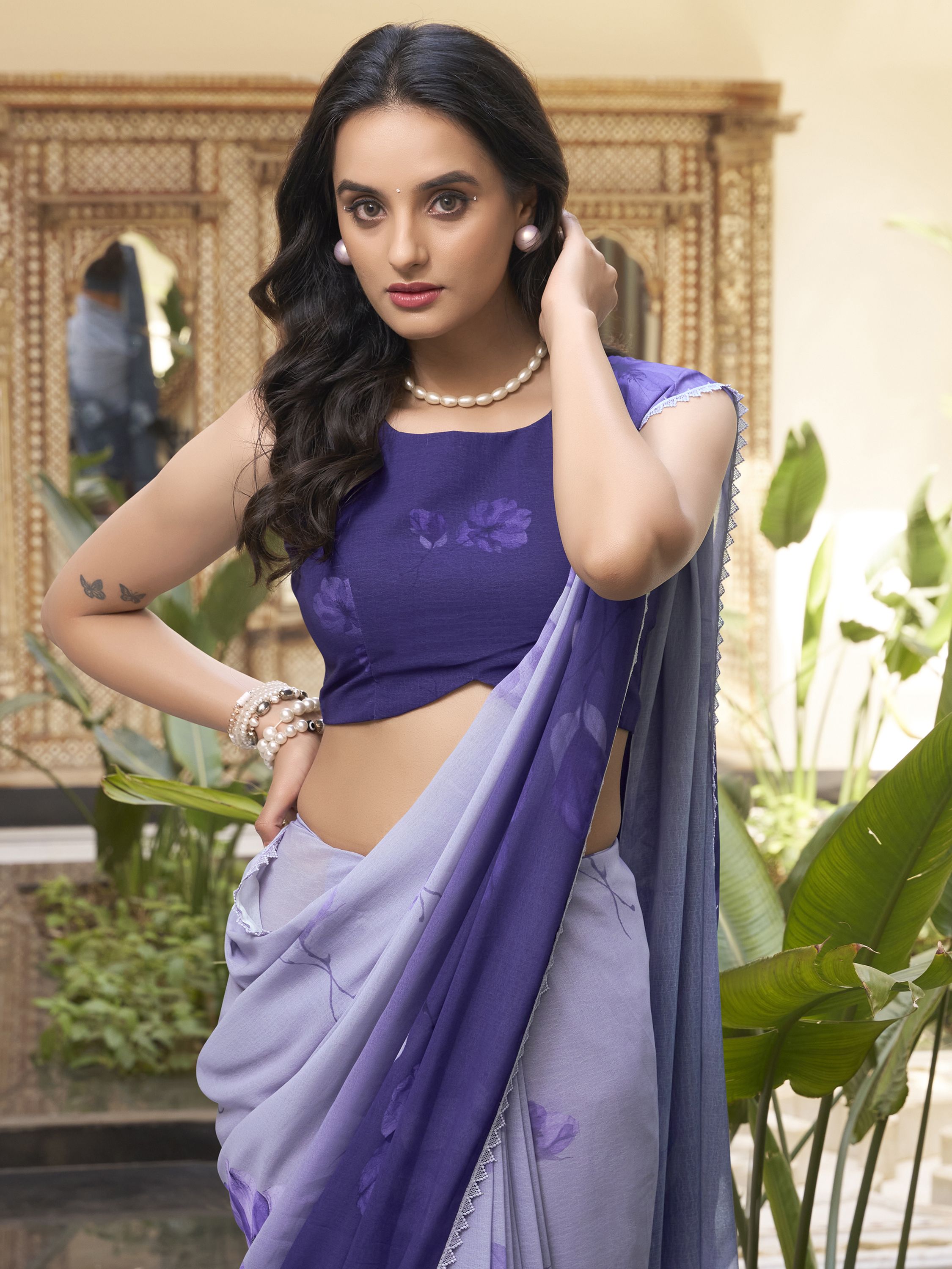 Lavender ombre purple marble saree with floral print and lace border