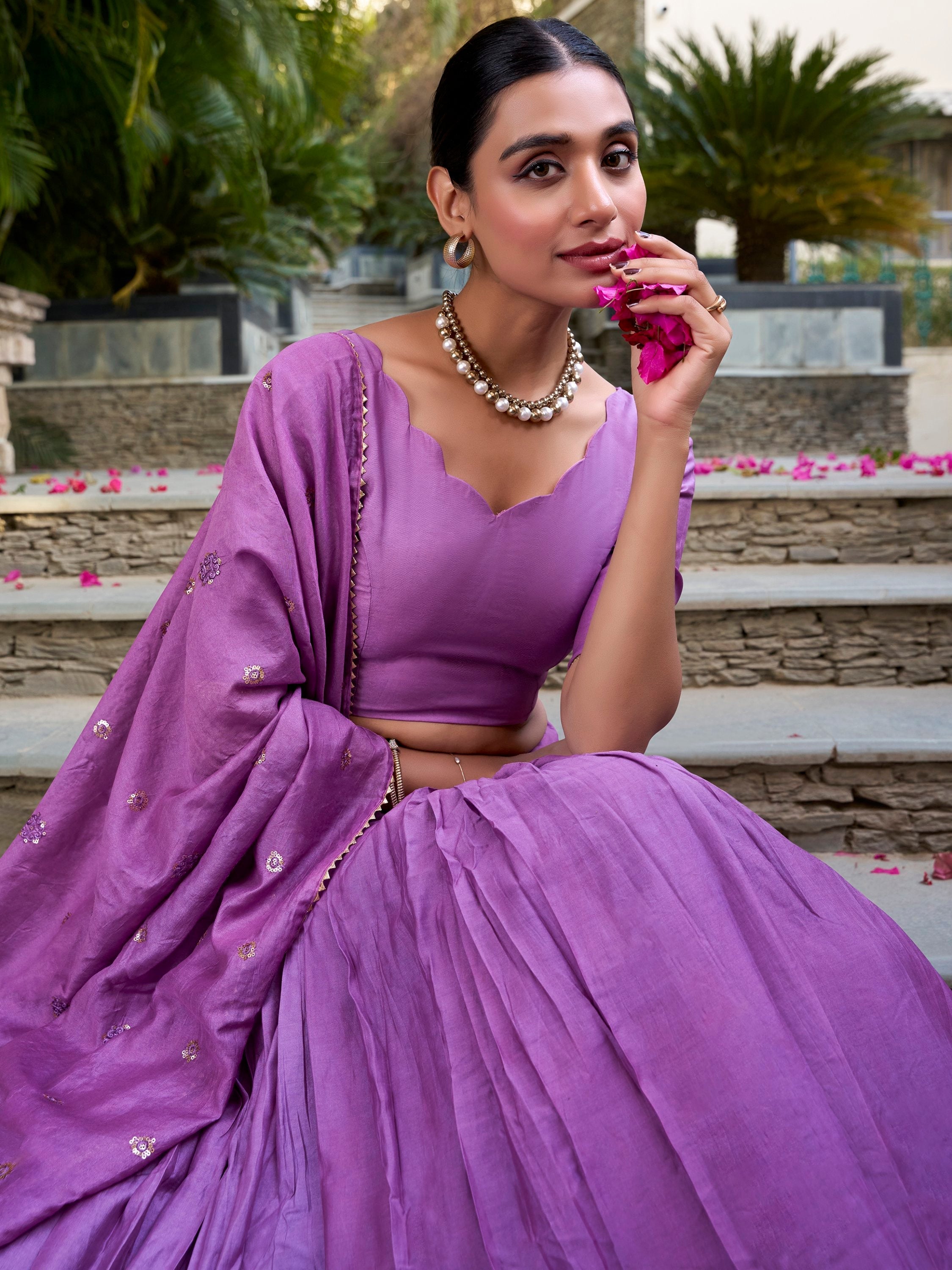 Lavender pure chanderi lehenga choli with plain zari weaving