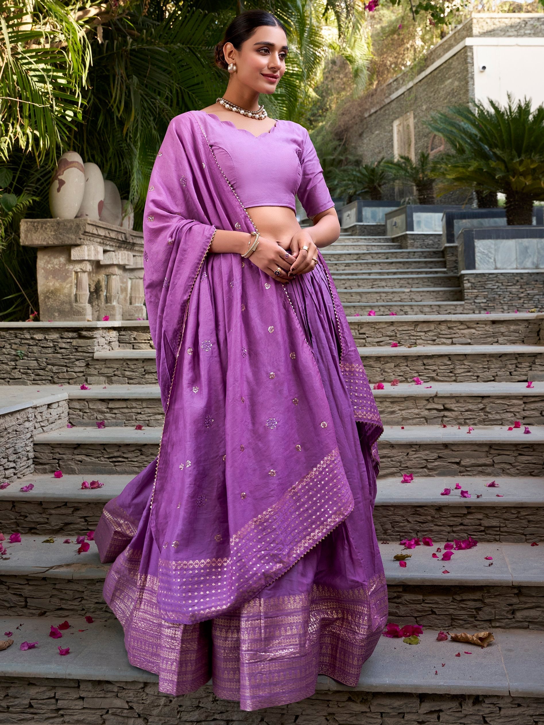 Lavender pure chanderi lehenga choli with plain zari weaving