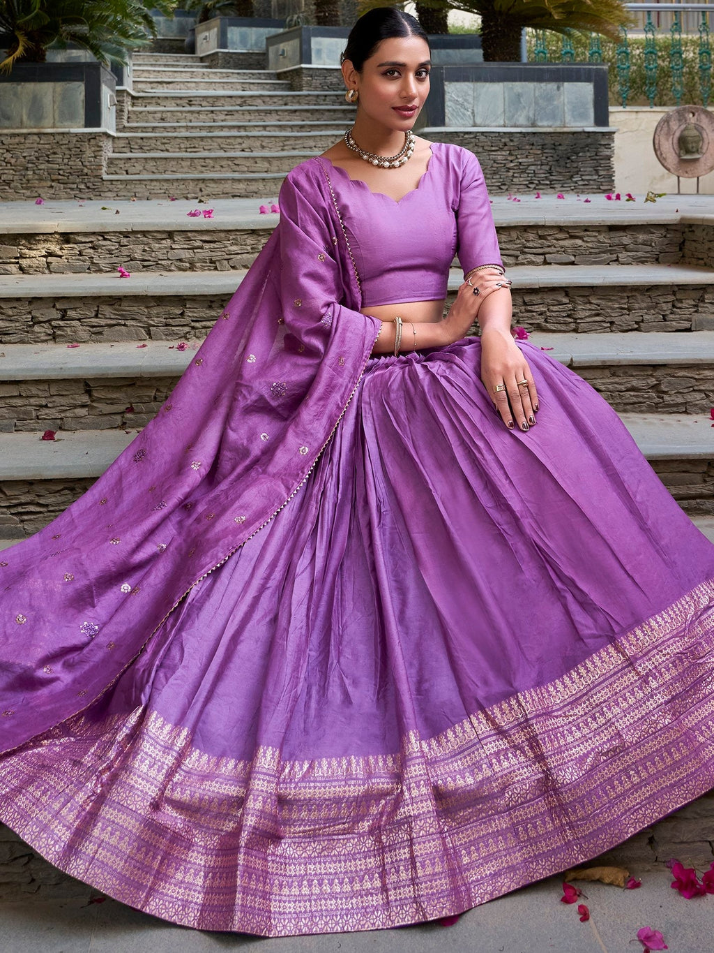 Lavender pure chanderi lehenga choli with plain zari weaving