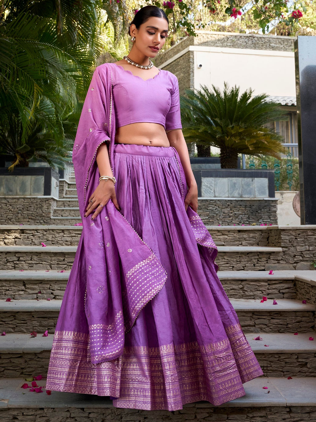 Lavender pure chanderi lehenga choli with plain zari weaving