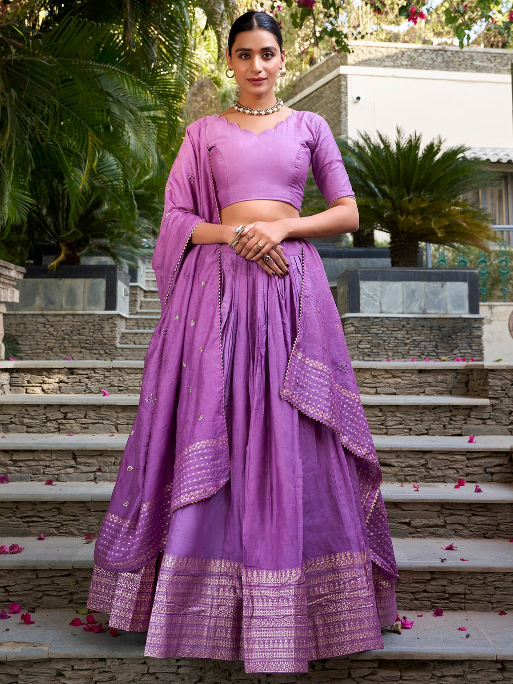 Lavender pure chanderi lehenga choli with plain zari weaving