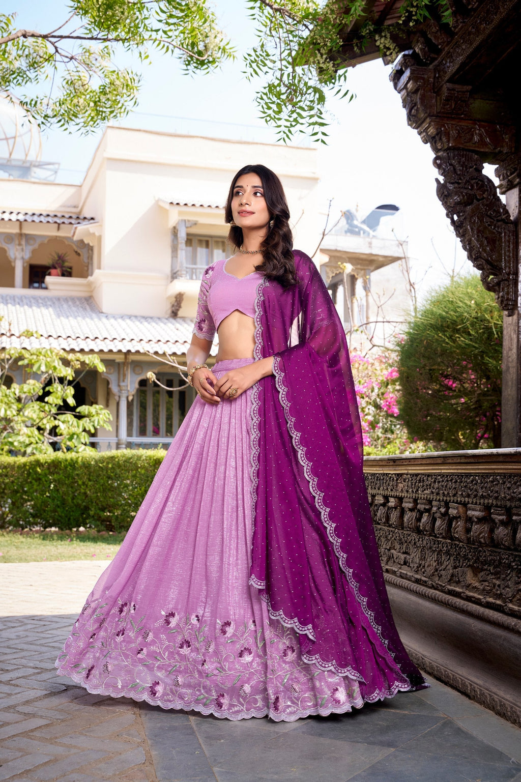 Lavender glossy lehenga choli with silver embroidery and hotfix work