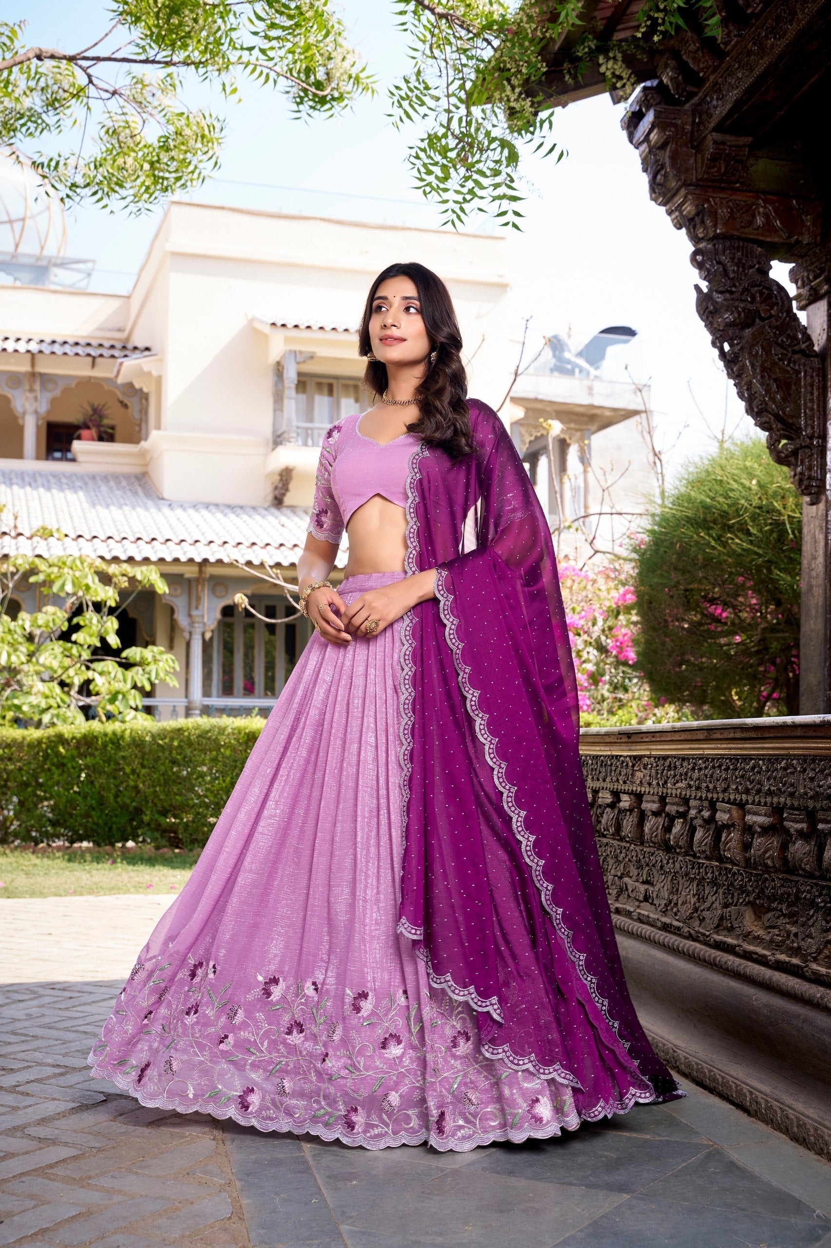 Lavender glossy lehenga choli with silver embroidery and hotfix work