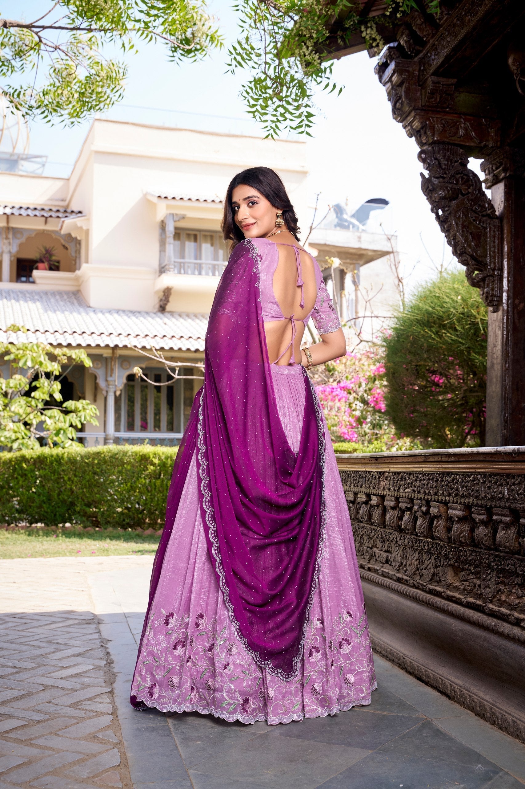 Lavender glossy lehenga choli with silver embroidery and hotfix work