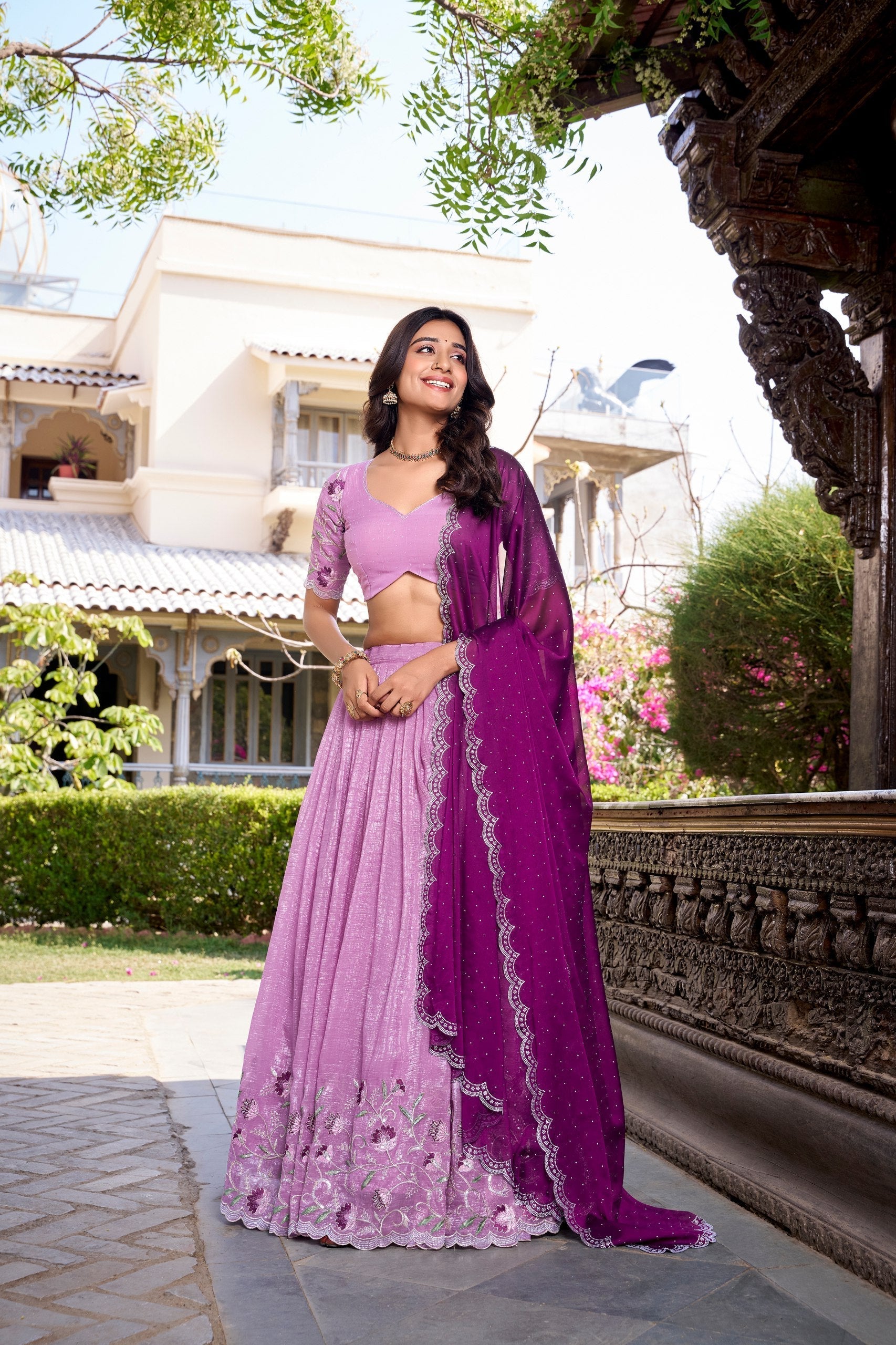 Lavender glossy lehenga choli with silver embroidery and hotfix work