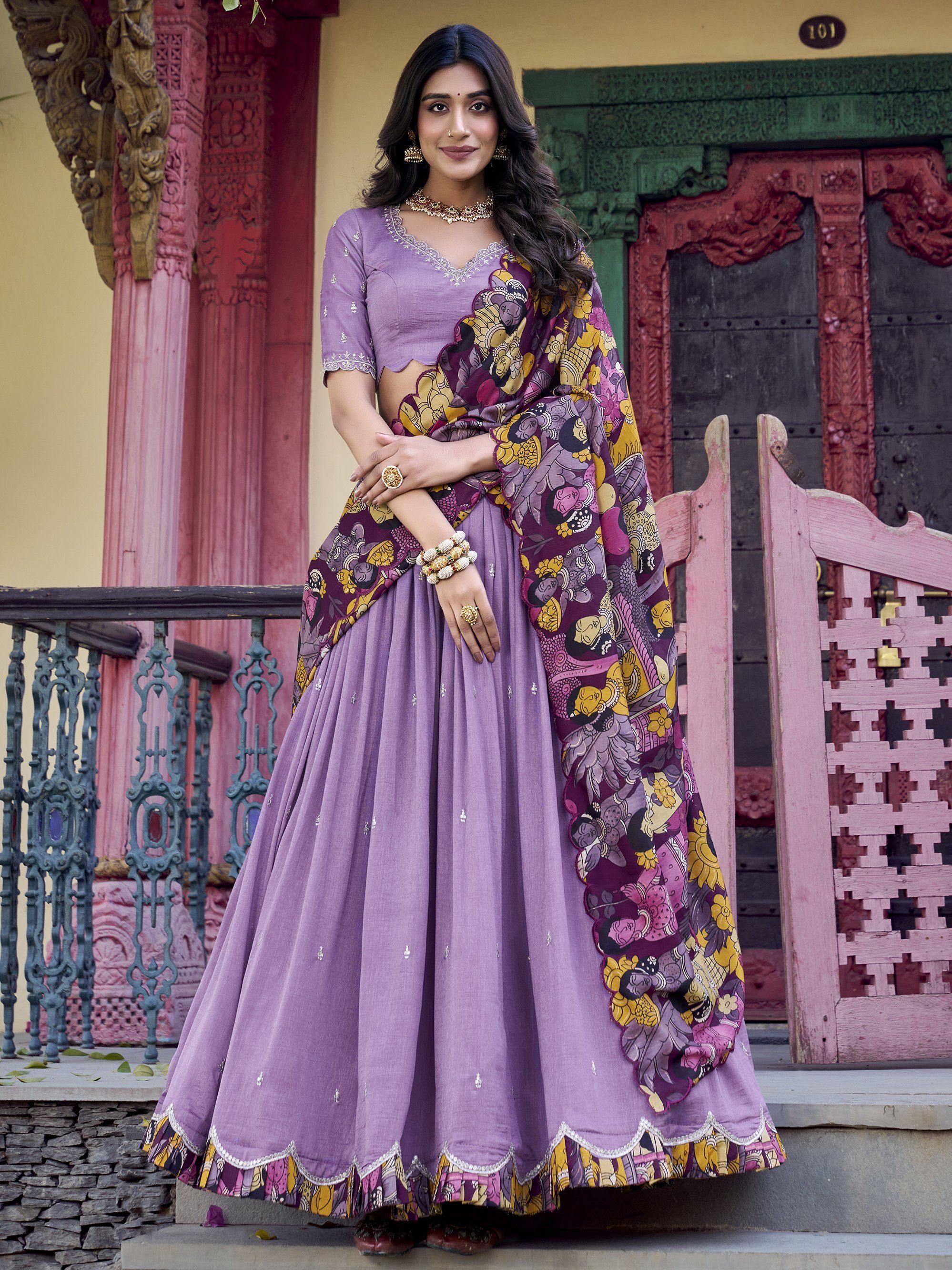 Lavender vichitra silk embroidered traditional lehenga choli