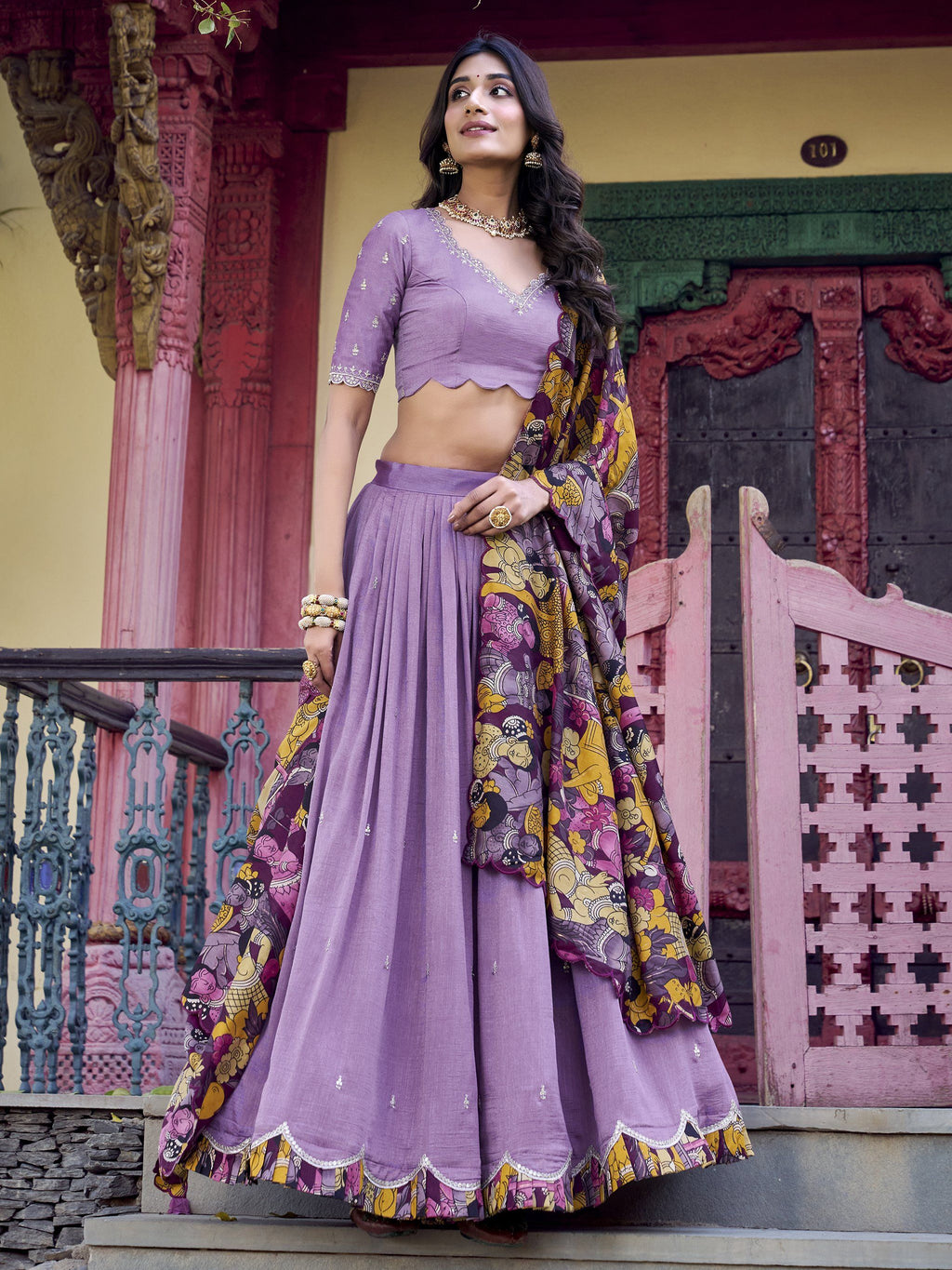 Lavender vichitra silk embroidered traditional lehenga choli