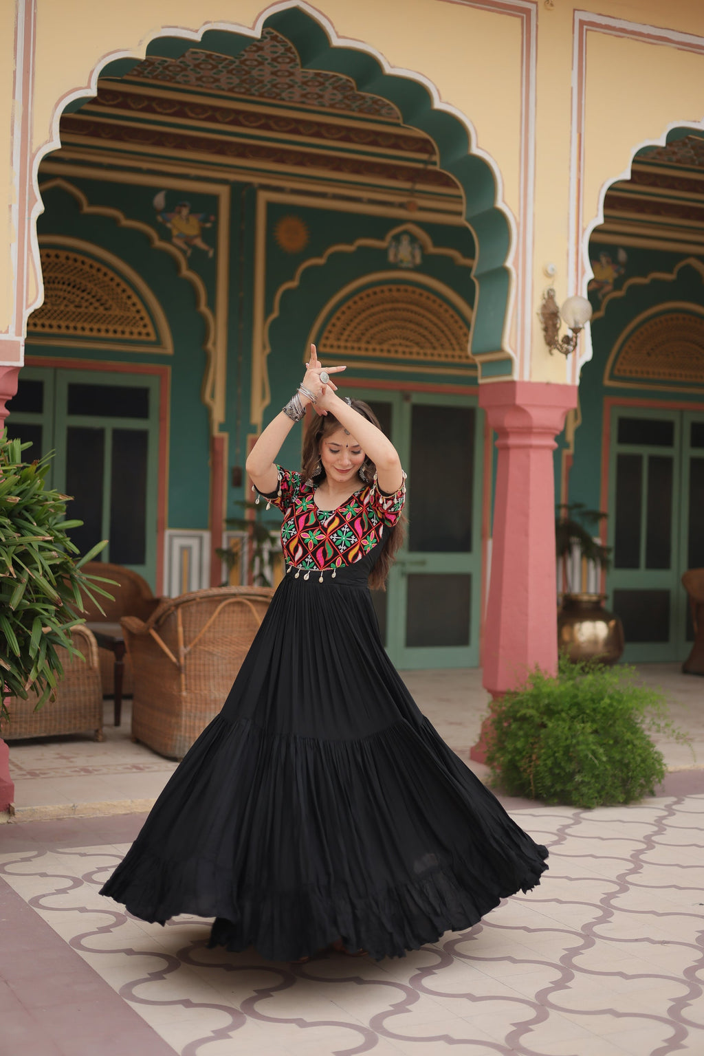 Black rayon Kutchi Gamthi embroidered Mahika designer gown