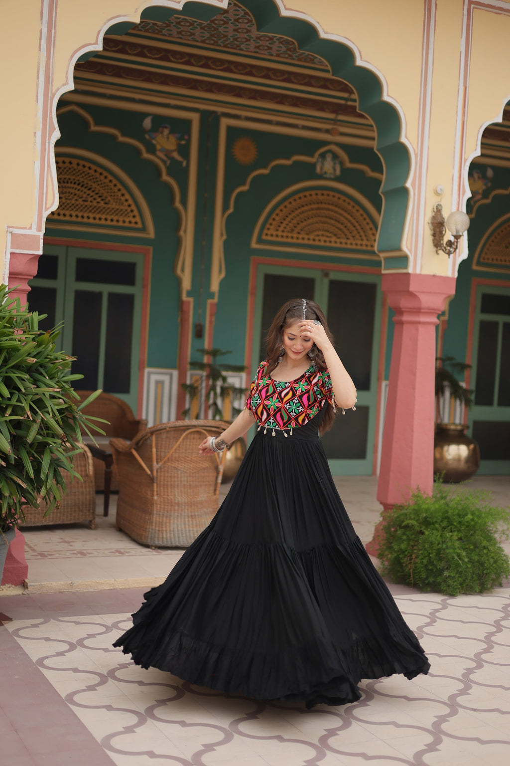 Black rayon Kutchi Gamthi embroidered Mahika designer gown