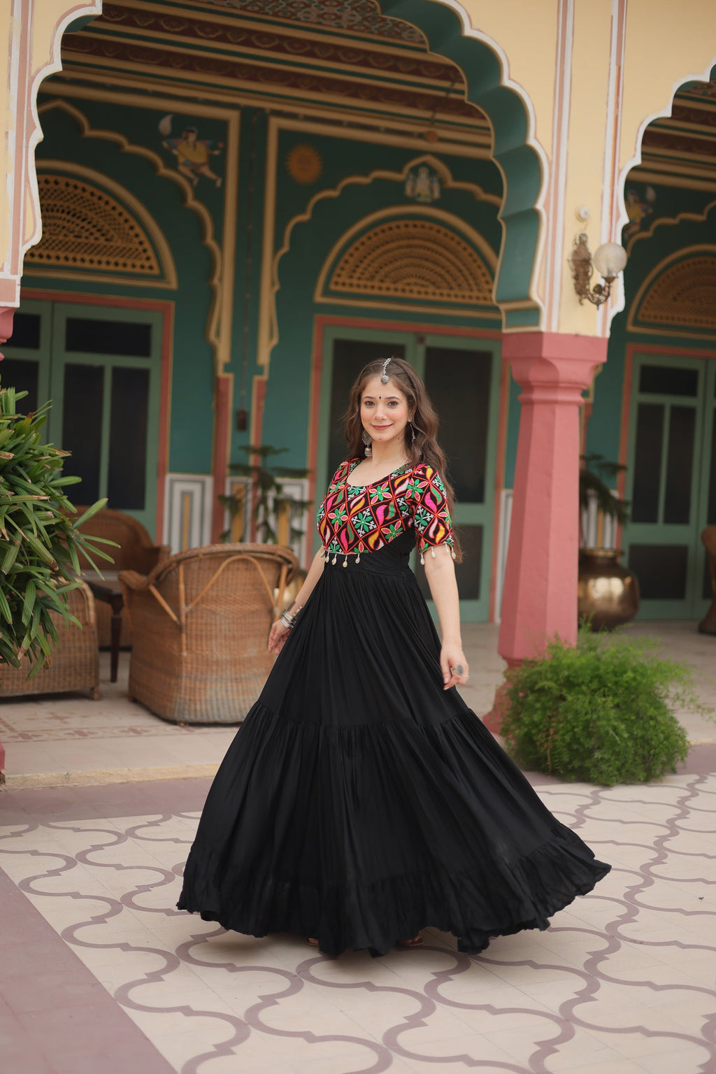 Black rayon Kutchi Gamthi embroidered Mahika designer gown