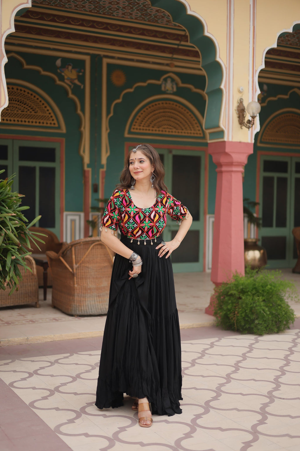 Black rayon Kutchi Gamthi embroidered Mahika designer gown
