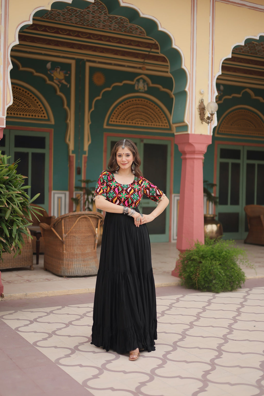 Black rayon Kutchi Gamthi embroidered Mahika designer gown