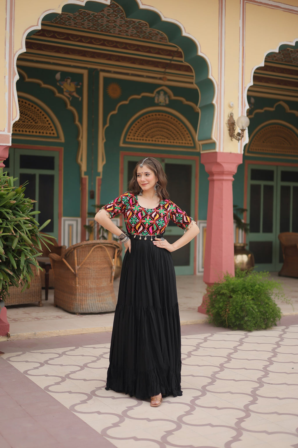 Black rayon Kutchi Gamthi embroidered Mahika designer gown