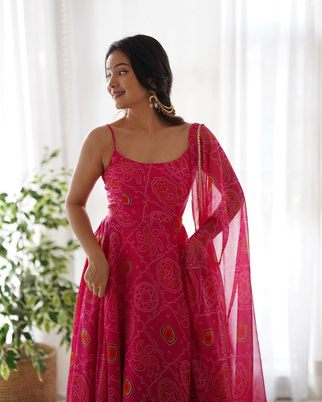 Manmayi pink bandhani printed Anarkali gown set