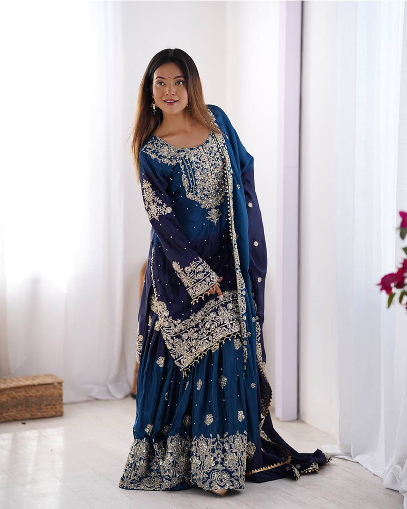Manvisha blue embroidered sharara suit set