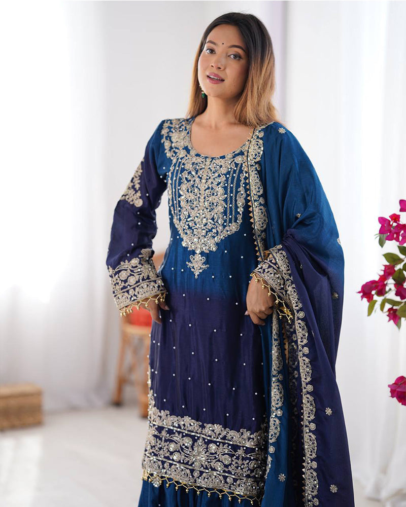 Manvisha blue embroidered sharara suit set