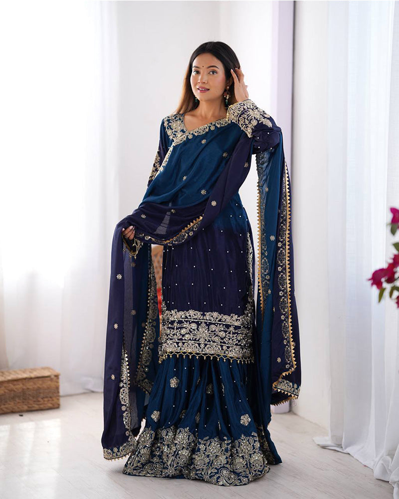 Manvisha blue embroidered sharara suit set