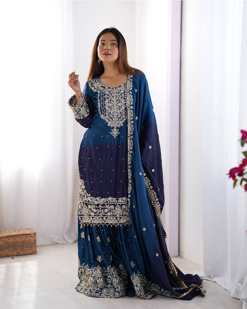 Manvisha blue embroidered sharara suit set