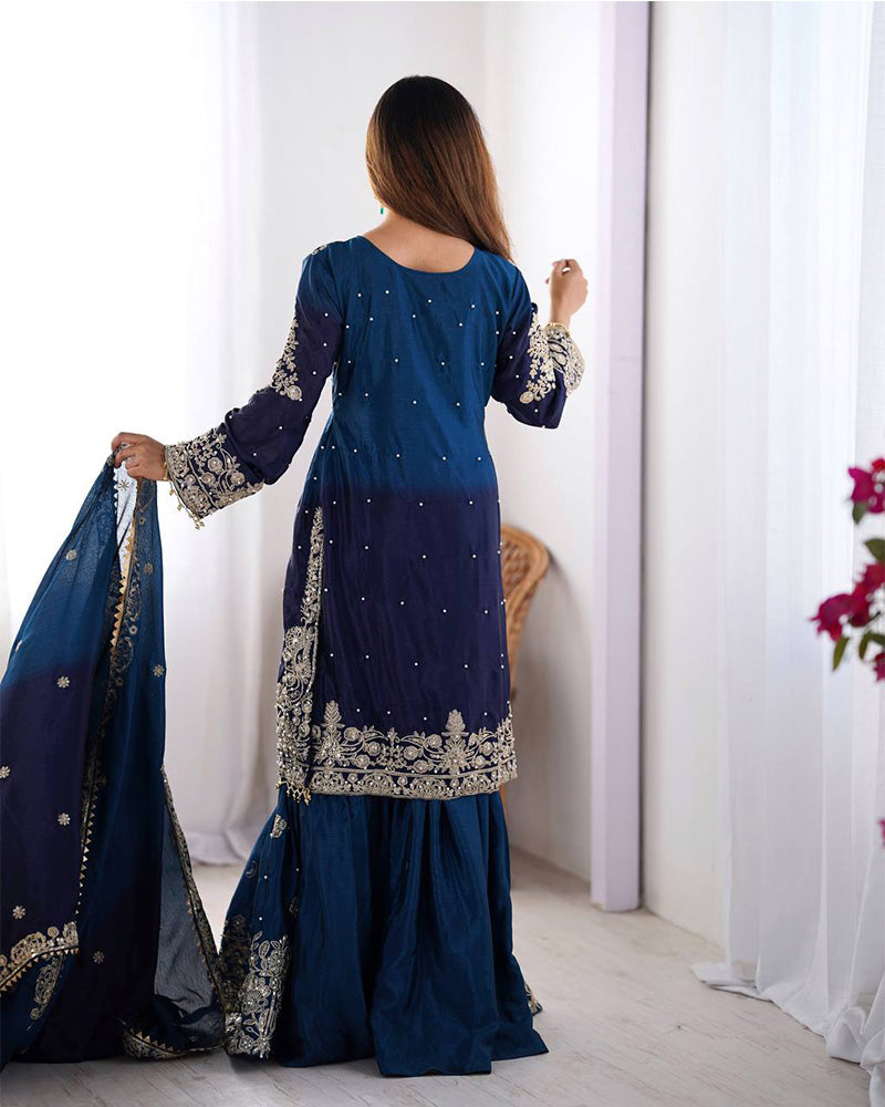 Manvisha blue embroidered sharara suit set