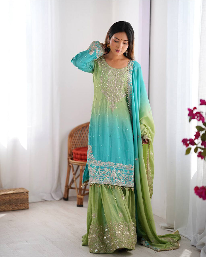 Manvisha pista green embroidered sharara suit set