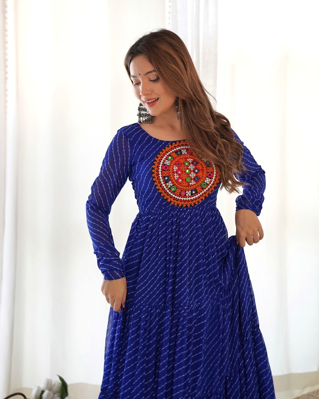 Manvitha blue georgette leheriya printed Navratri gown