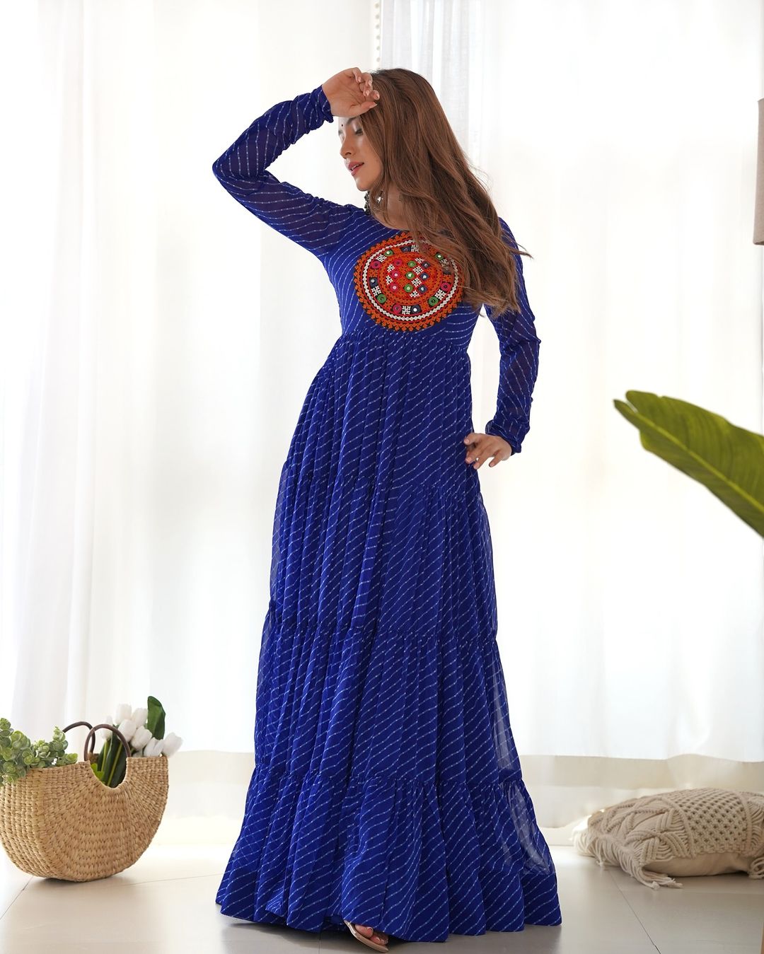 Manvitha blue georgette leheriya printed Navratri gown