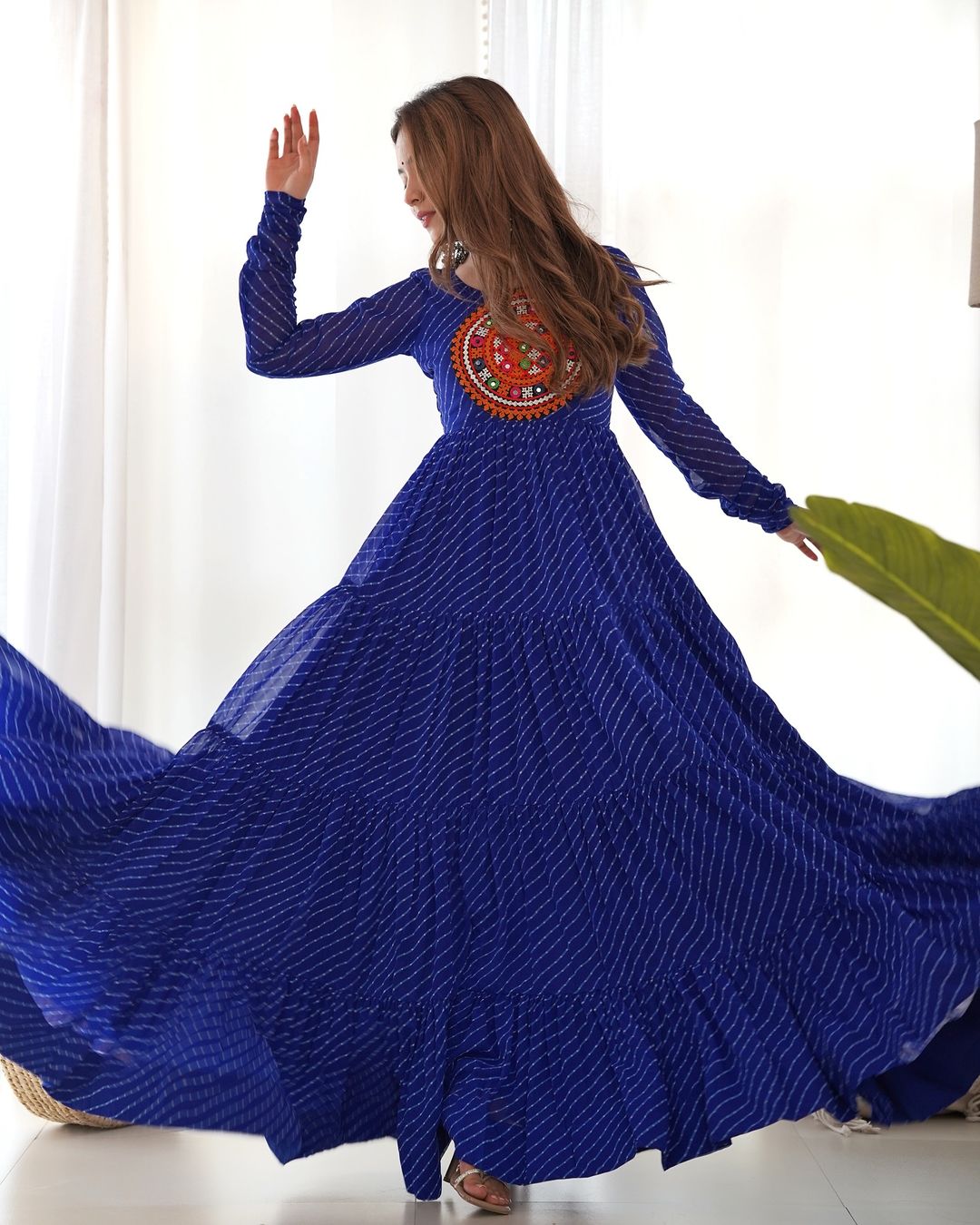 Manvitha blue georgette leheriya printed Navratri gown