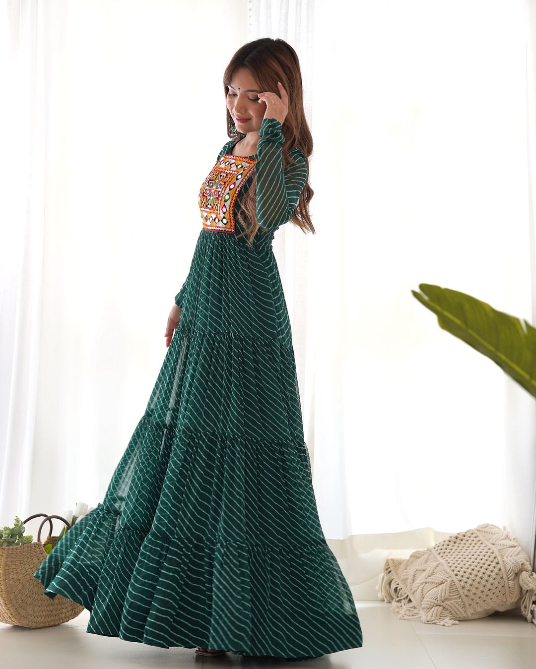 Manvitha green georgette leheriya printed Navratri gown