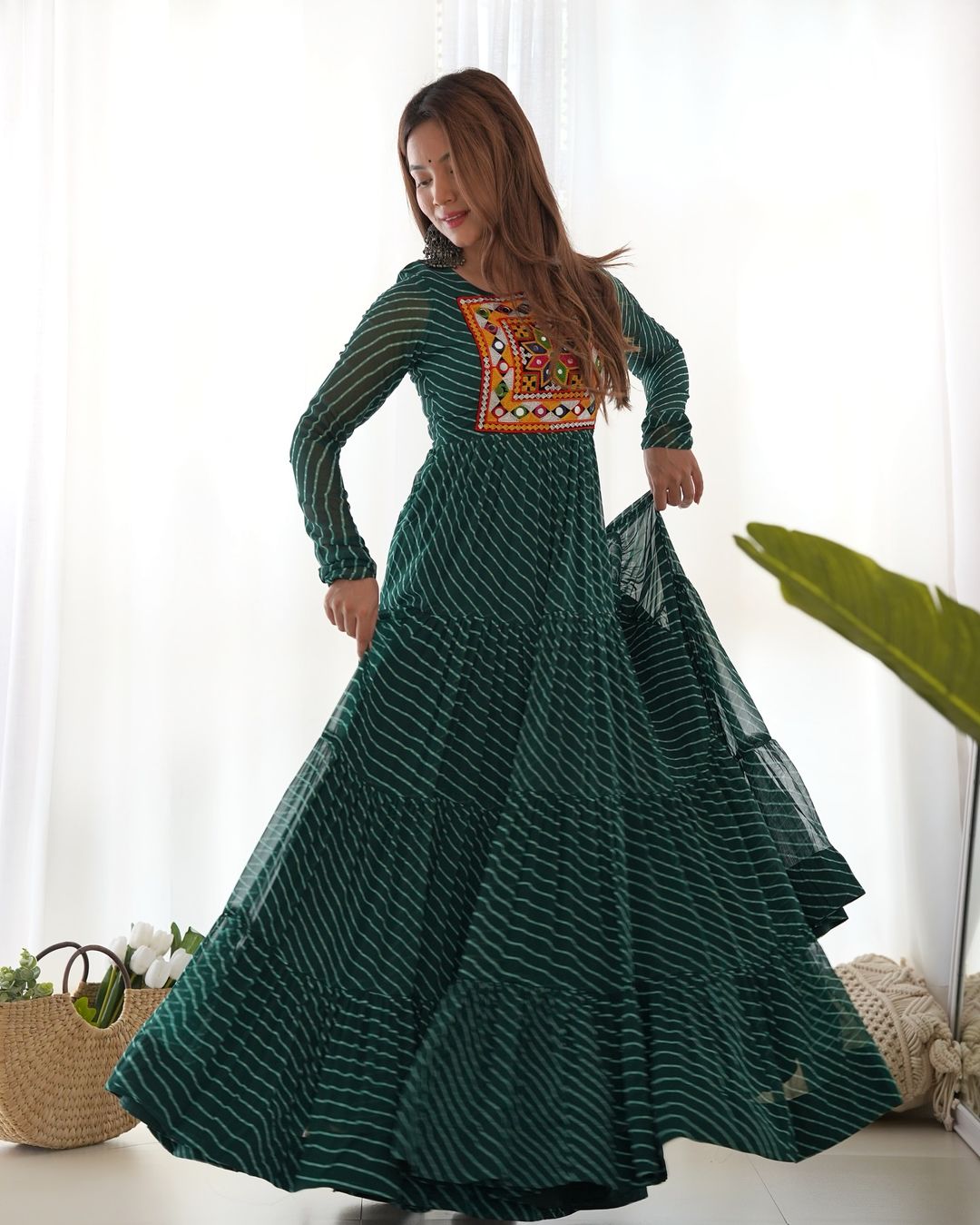 Manvitha green georgette leheriya printed Navratri gown