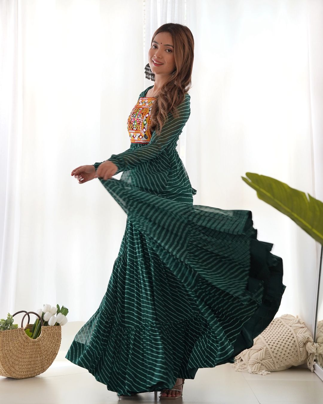 Manvitha green georgette leheriya printed Navratri gown