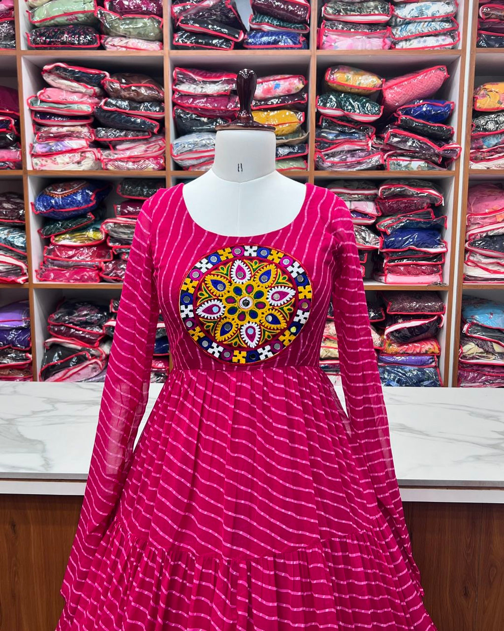Manvitha pink georgette leheriya printed Navratri gown