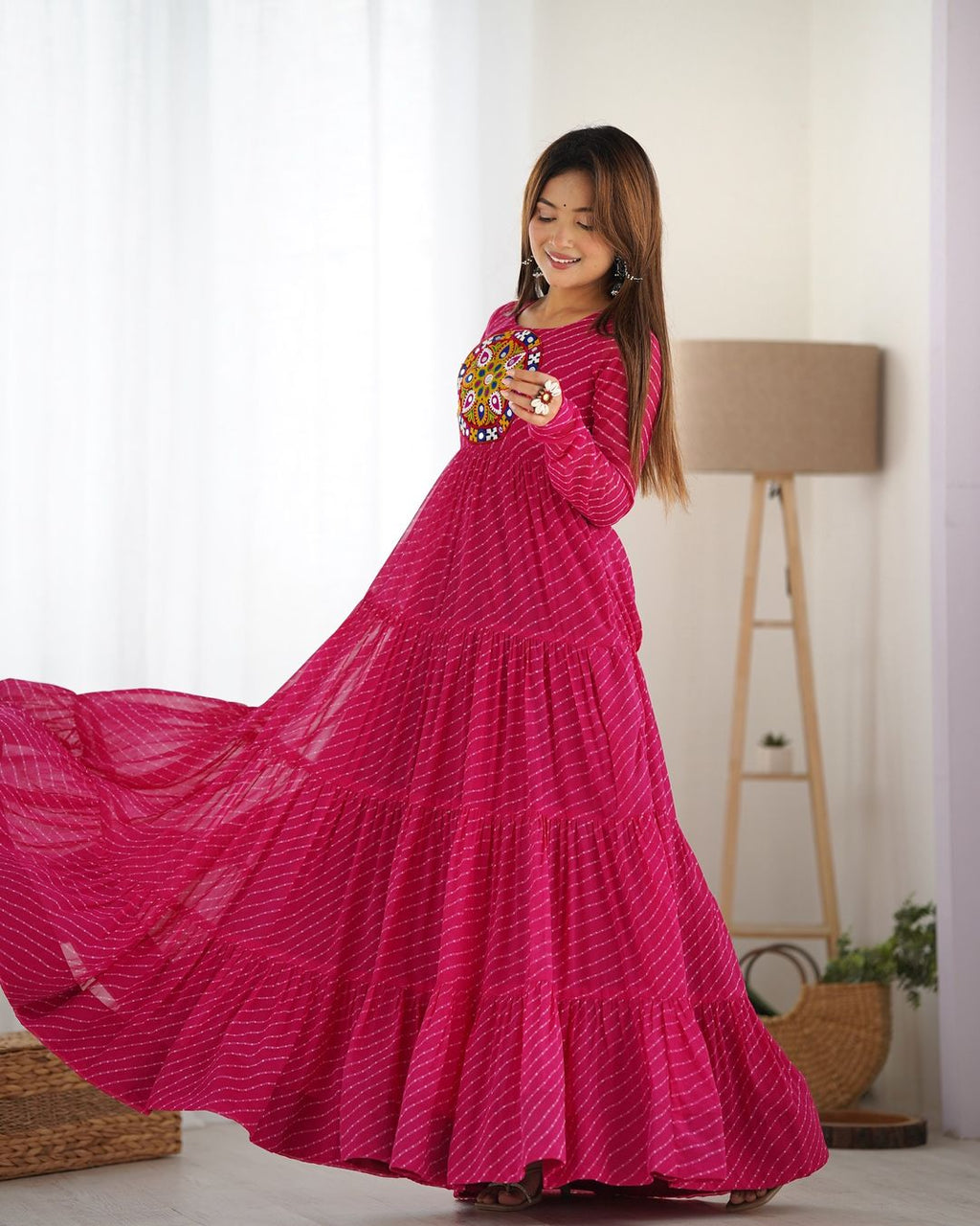Manvitha pink georgette leheriya printed Navratri gown