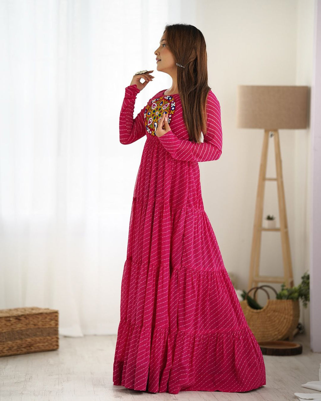 Manvitha pink georgette leheriya printed Navratri gown