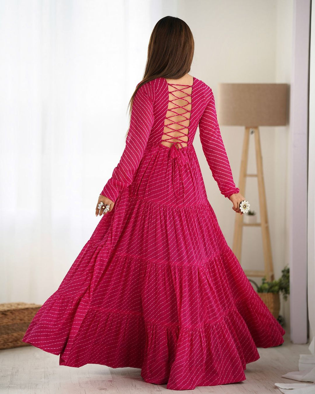 Manvitha pink georgette leheriya printed Navratri gown
