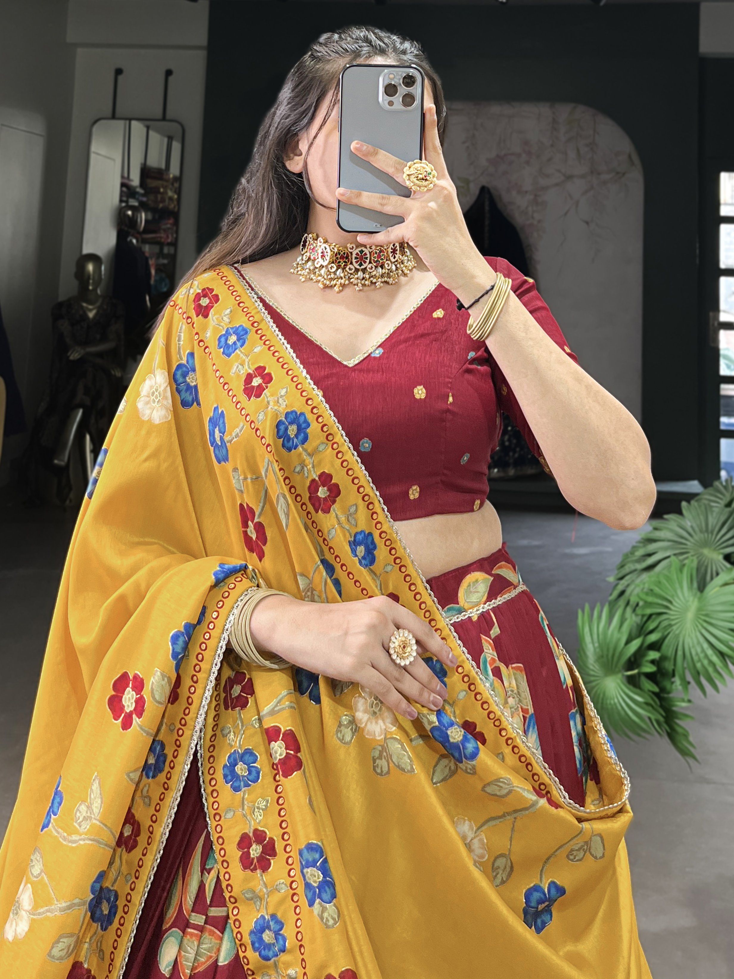 Maroon tussar silk printed and foil work lehenga choli