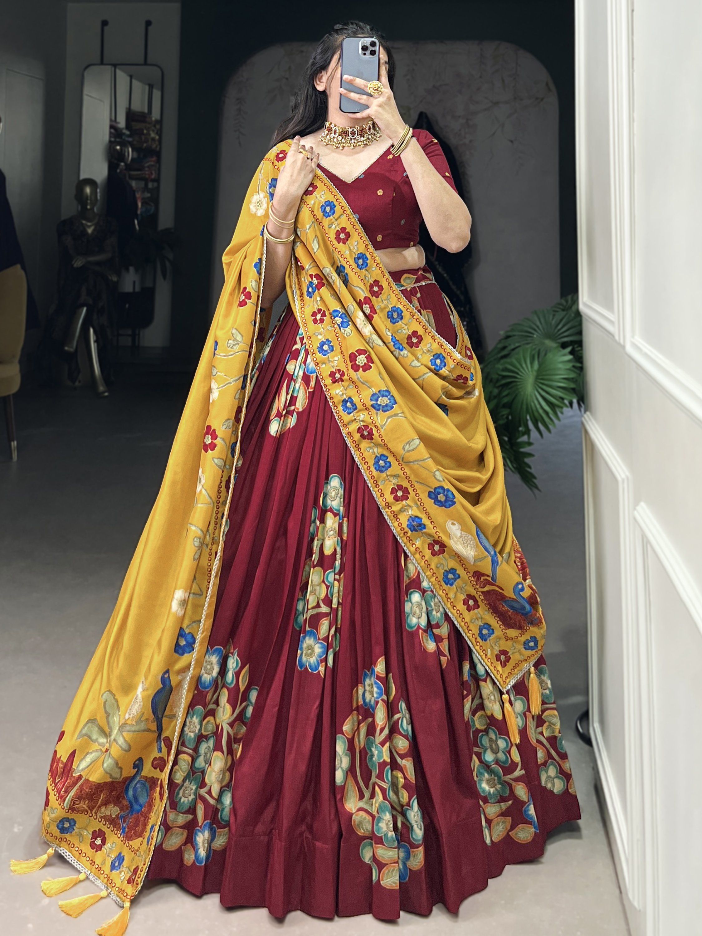Maroon tussar silk printed and foil work lehenga choli
