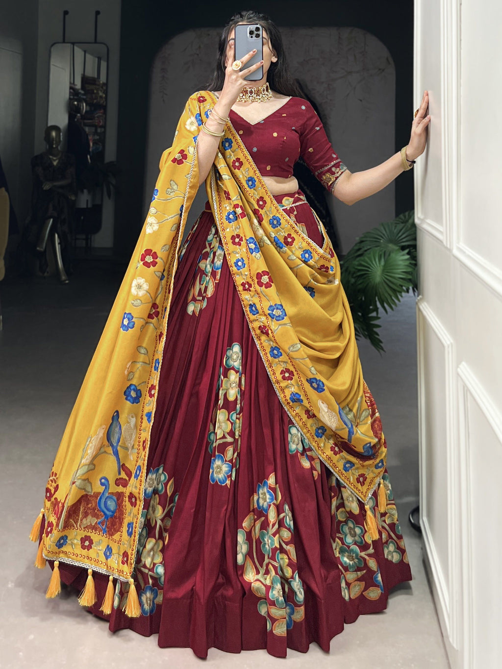 Maroon tussar silk printed and foil work lehenga choli
