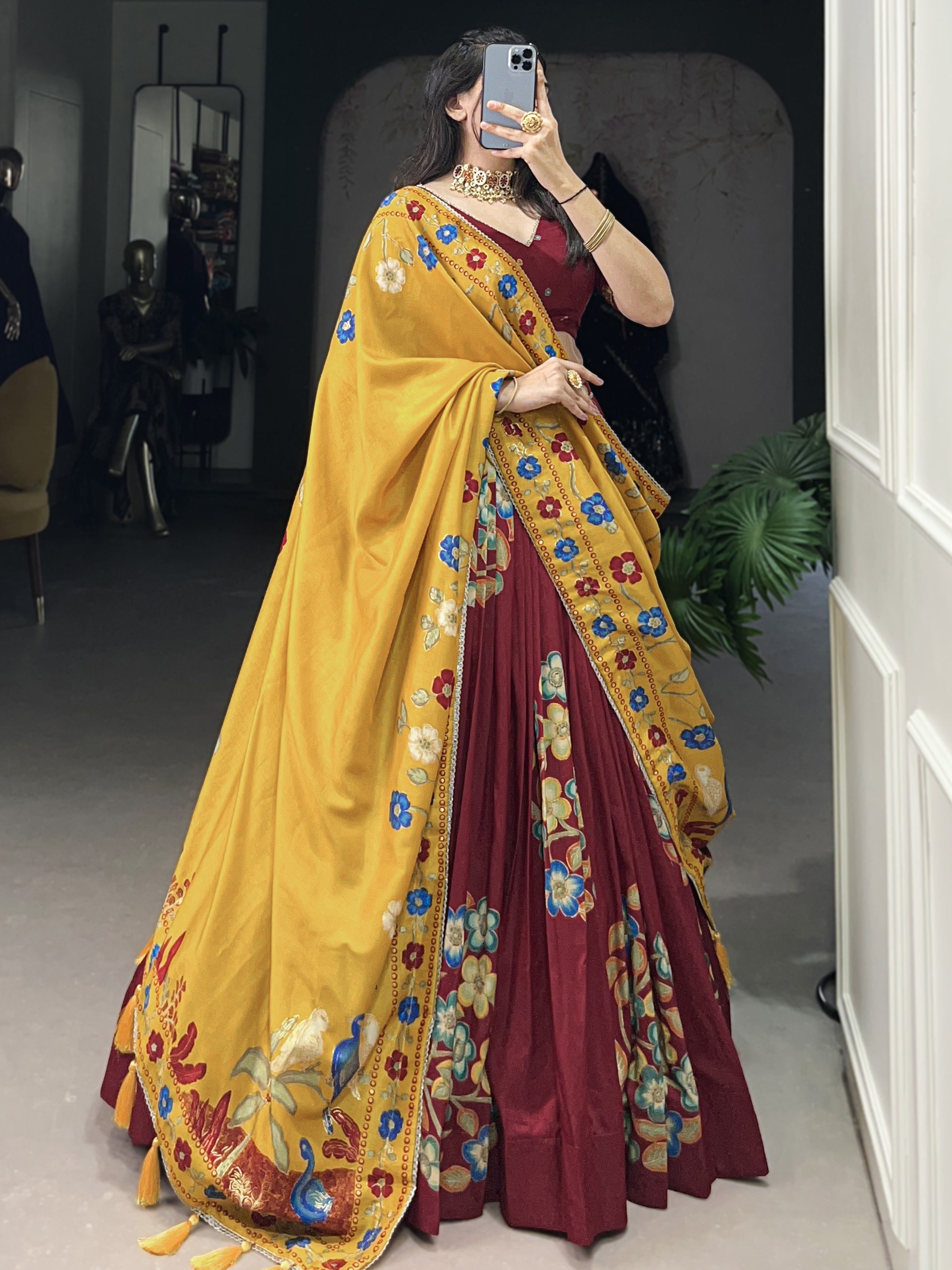 Maroon tussar silk printed and foil work lehenga choli