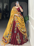 Maroon tussar silk printed and foil work lehenga choli