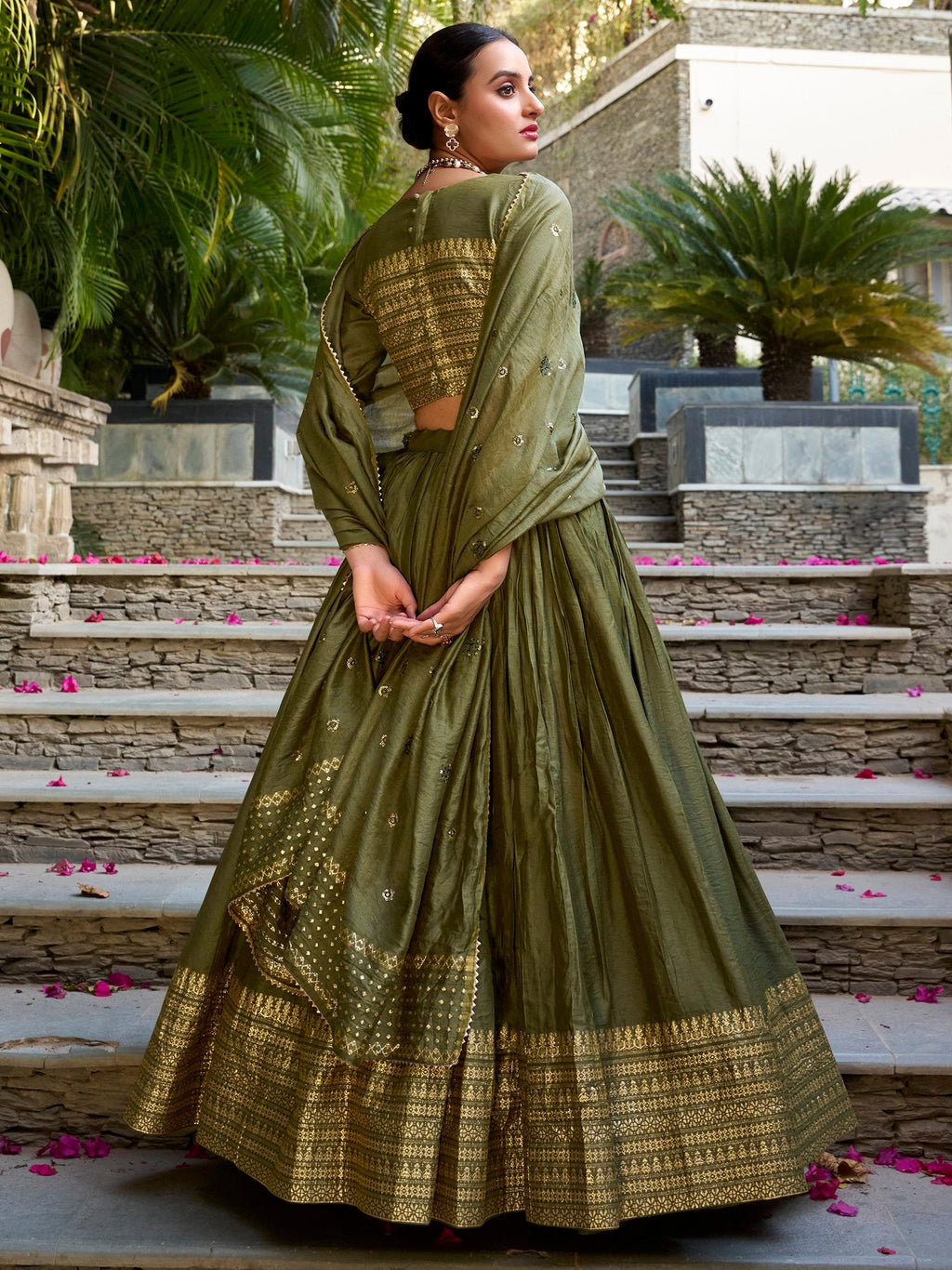 Mehendi green pure chanderi lehenga choli with plain zari weaving