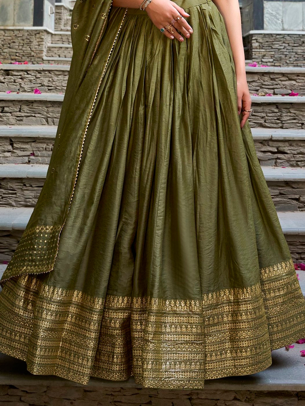 Mehendi green pure chanderi lehenga choli with plain zari weaving