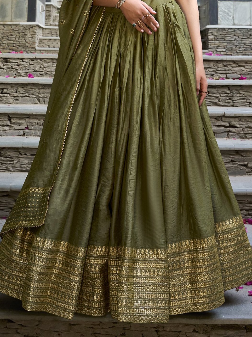 Mehendi green pure chanderi lehenga choli with plain zari weaving