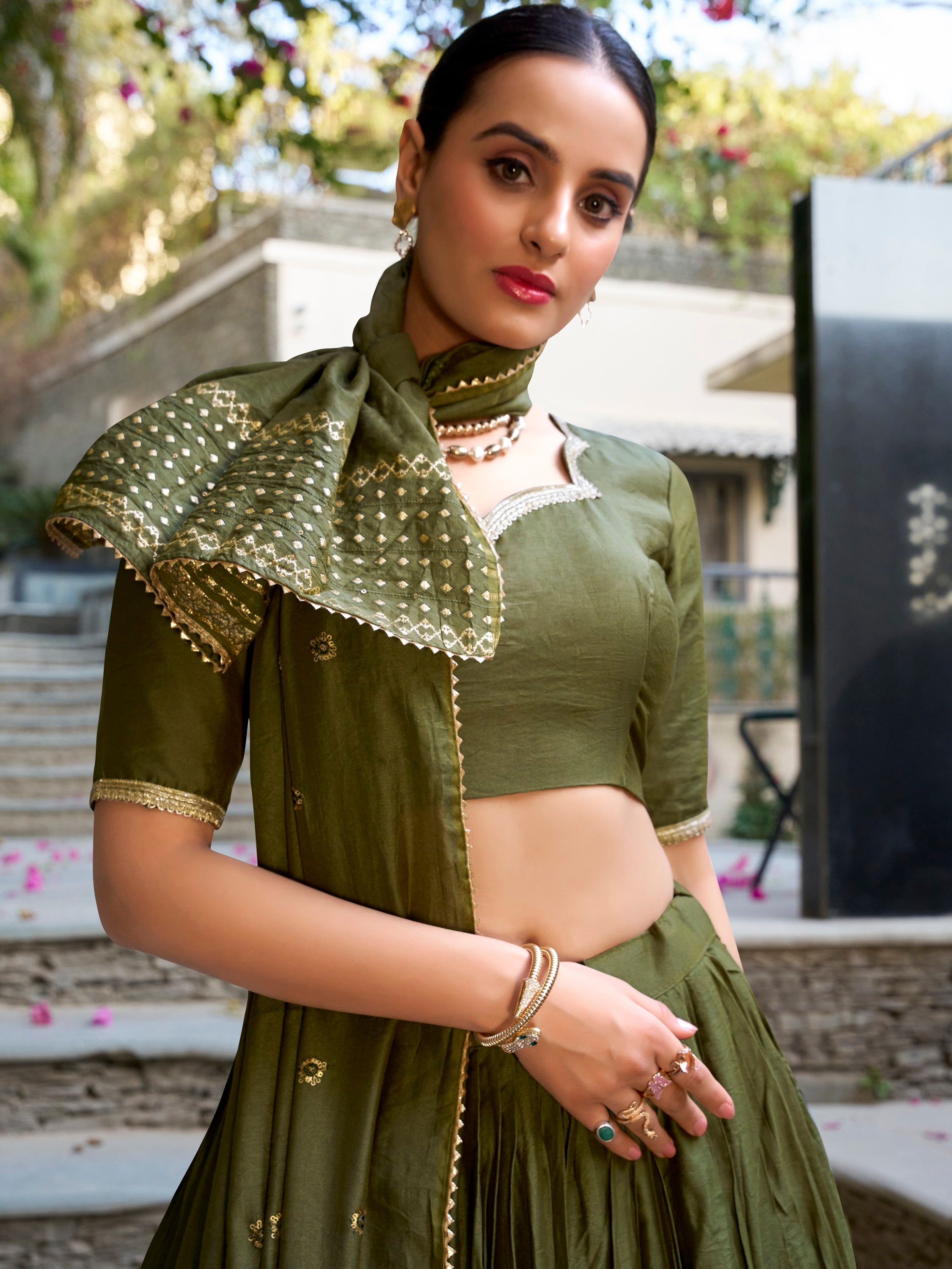 Mehendi green pure chanderi lehenga choli with plain zari weaving