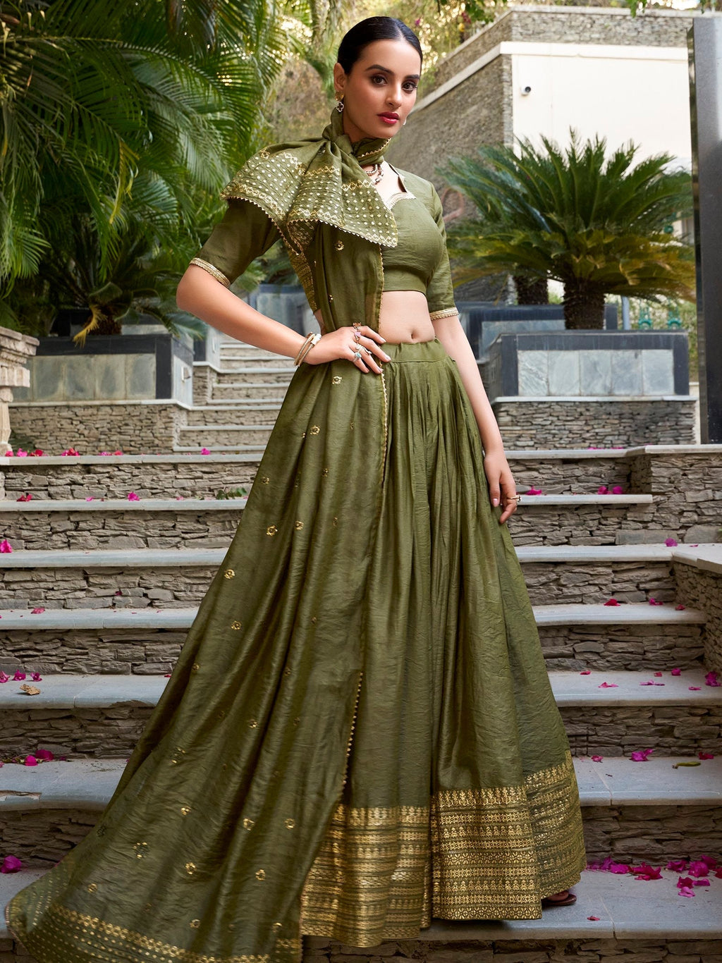 Mehendi green pure chanderi lehenga choli with plain zari weaving