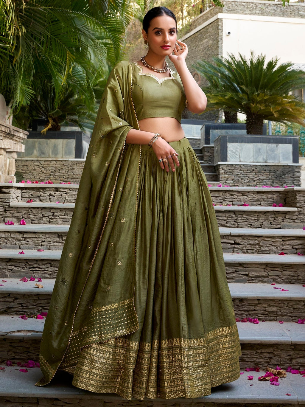 Mehendi green pure chanderi lehenga choli with plain zari weaving