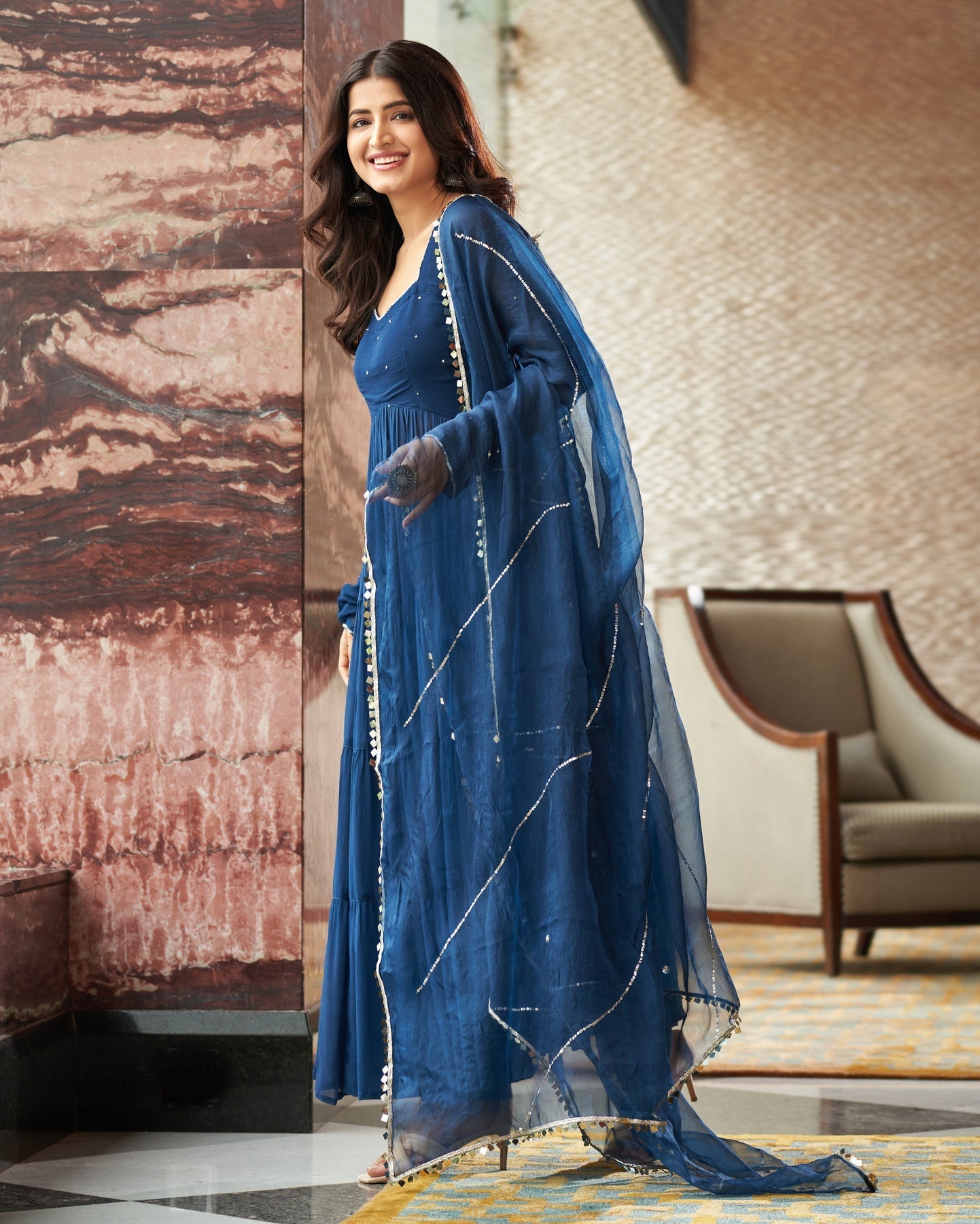 Blue georgette flared Mihika designer Anarkali suit