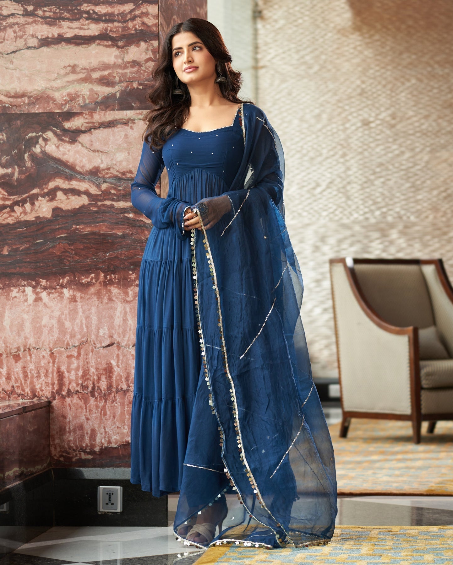 Blue georgette flared Mihika designer Anarkali suit